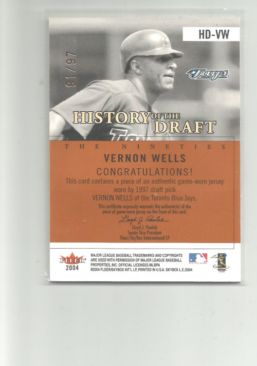 2004 SkyBox LE History Draft 90's Jersey #VW Vernon Wells/97 back image