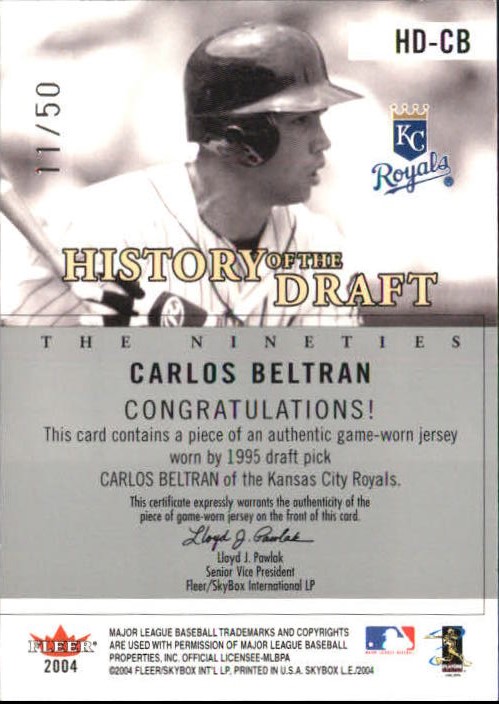 2004 SkyBox LE History Draft 90's Jersey Silver #CB Carlos Beltran back image