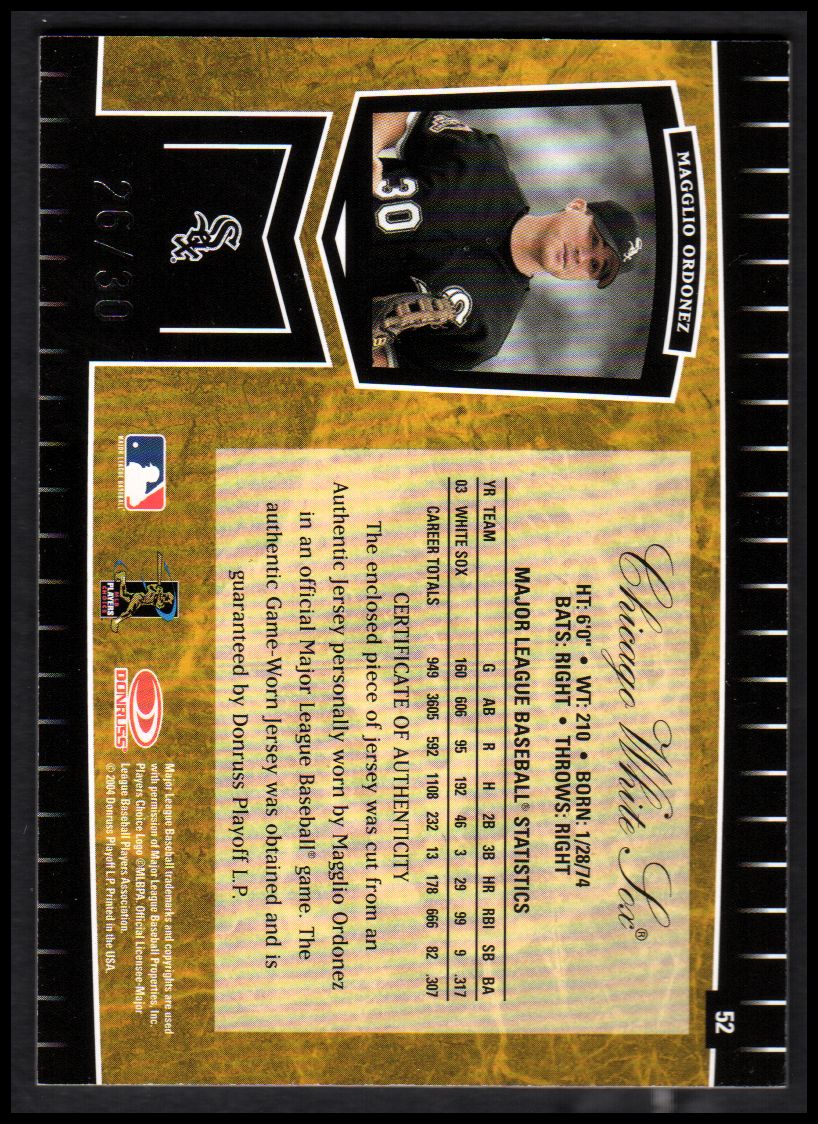 2004 Leaf Certified Cuts Marble Signature Material Gold Number #52 Magglio Ordonez Jsy/30 back image