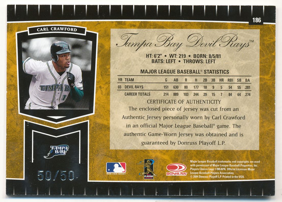 2004 Leaf Certified Cuts Marble Signature Material Gold Position #186 Carl Crawford Jsy/50 back image