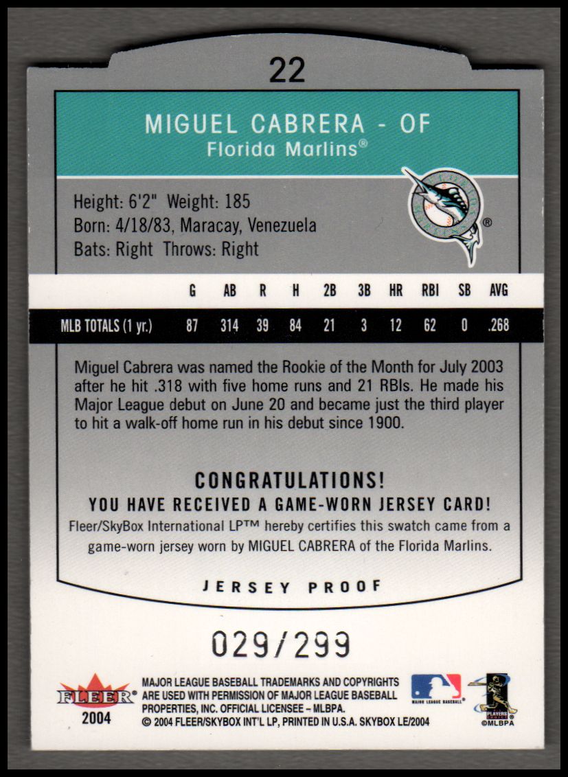2004 SkyBox LE Jersey Proof #22 Miguel Cabrera back image