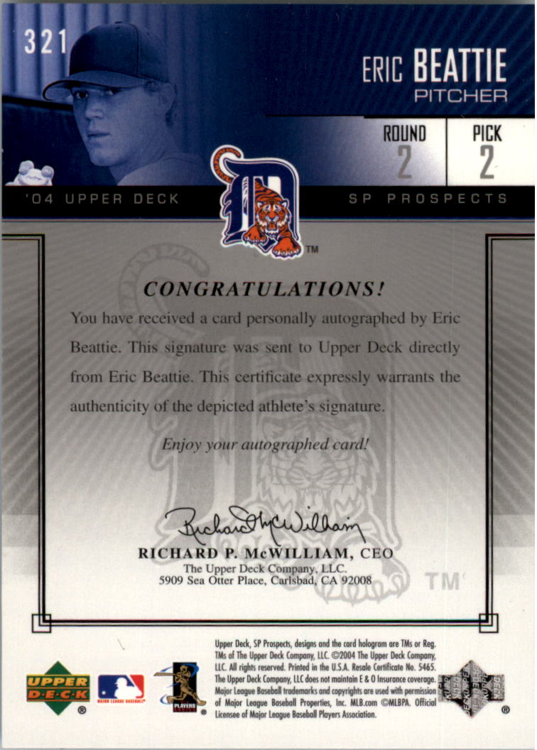 2004 SP Prospects #321 Eric Beattie AU/500 RC back image