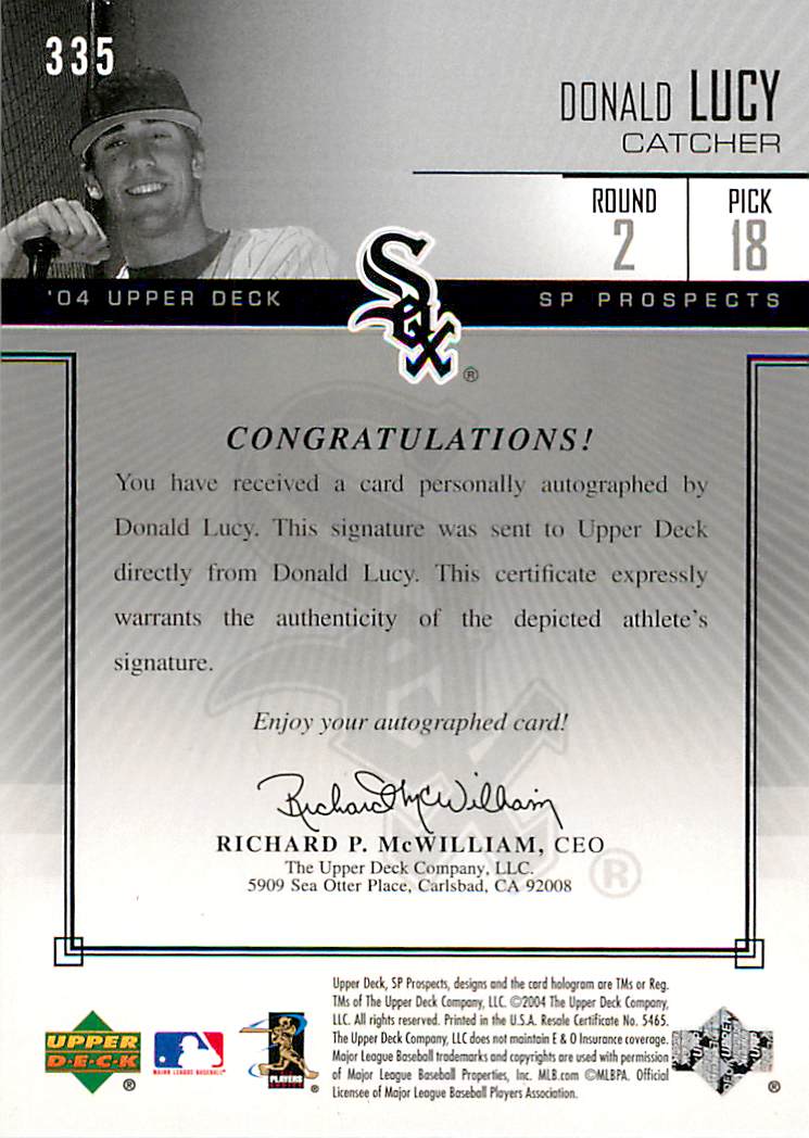 2004 SP Prospects #335 Donald Lucy AU/400 RC back image