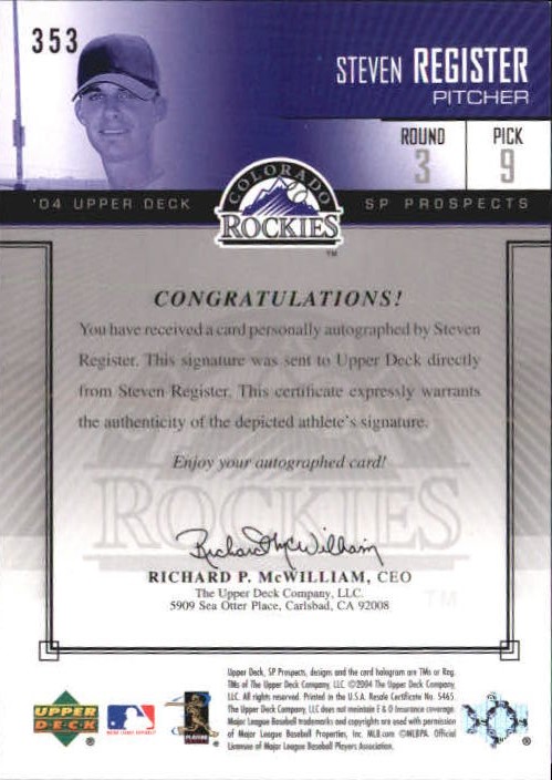 2004 SP Prospects #353 S.Register AU/600 RC back image