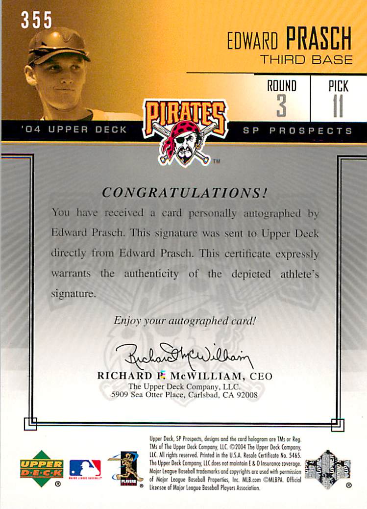2004 SP Prospects #355 Eddie Prasch AU/400 RC back image