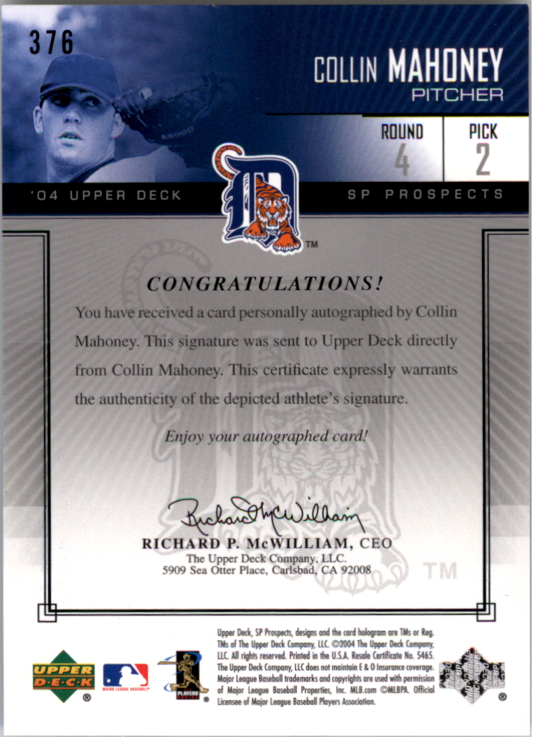 2004 SP Prospects #376 Collin Mahoney AU/400 RC back image
