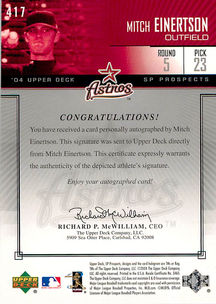 2004 SP Prospects #417 Mitch Einertson AU/400 RC back image