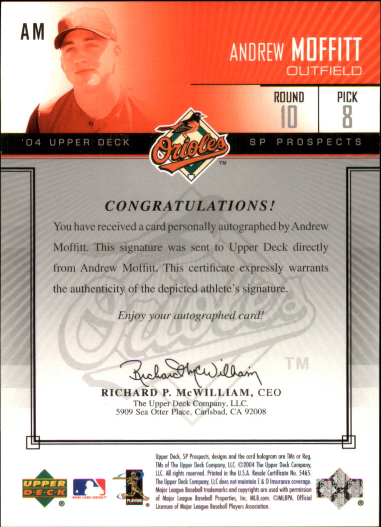 2004 SP Prospects Autograph Bonus #AM Andrew Moffitt/400 back image