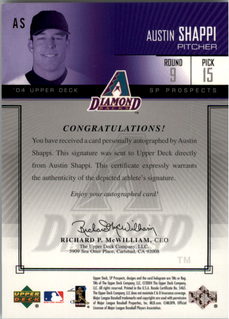 2004 SP Prospects Autograph Bonus #AS Austin Shappi/475 back image