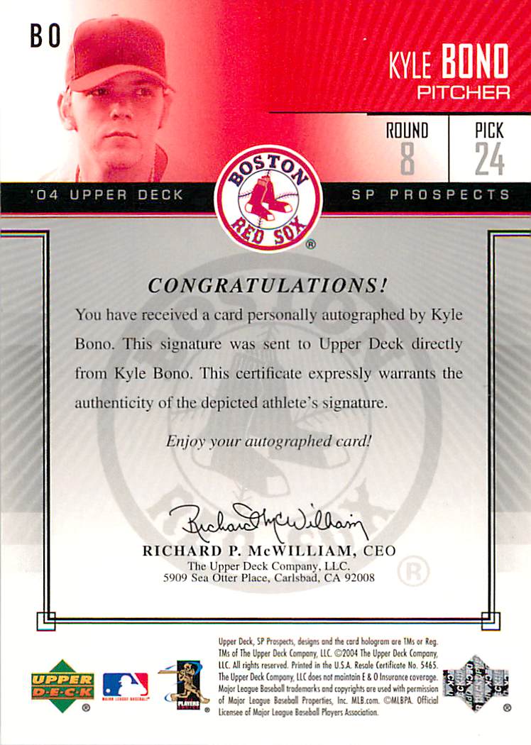 2004 SP Prospects Autograph Bonus #BO Kyle Bono/400 back image