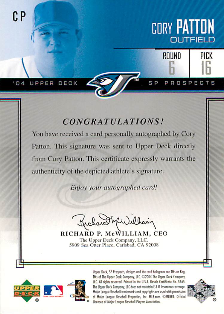 2004 SP Prospects Autograph Bonus #CP Cory Patton/400 back image