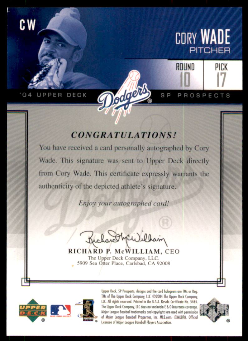 2004 SP Prospects Autograph Bonus #CW Cory Wade/400 back image