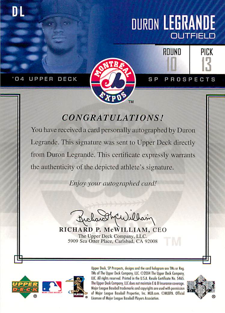 2004 SP Prospects Autograph Bonus #DL Duron Legrande/400 back image