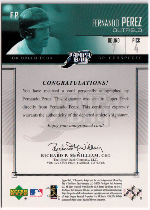 2004 SP Prospects Autograph Bonus #FP Fernando Perez/400 back image