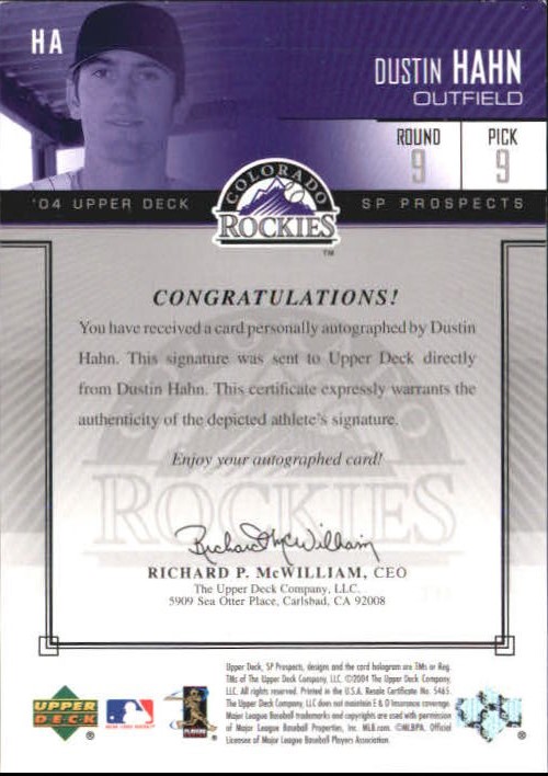 2004 SP Prospects Autograph Bonus #HA Dustin Hahn/400 back image