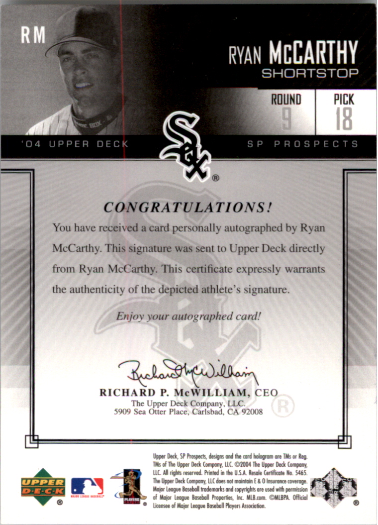 2004 SP Prospects Autograph Bonus #RM Ryan McCarthy/400 back image