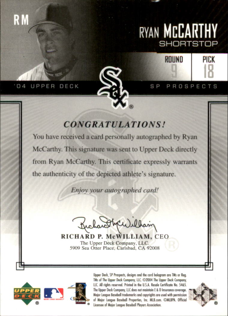 2004 SP Prospects Autograph Bonus #RM Ryan McCarthy/400 back image