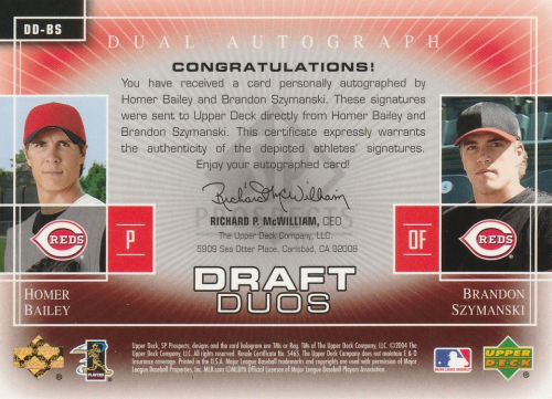 2004 SP Prospects Draft Duos Dual Autographs #BS Homer Bailey/B.J. Szymanski back image