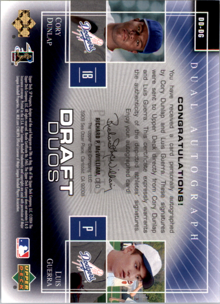 2004 SP Prospects Draft Duos Dual Autographs #DG Cory Dunlap/Luis Guerra back image