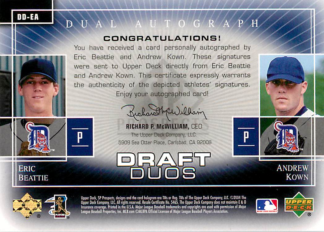 2004 SP Prospects Draft Duos Dual Autographs #EA Eric Beattie/Andrew Kown back image