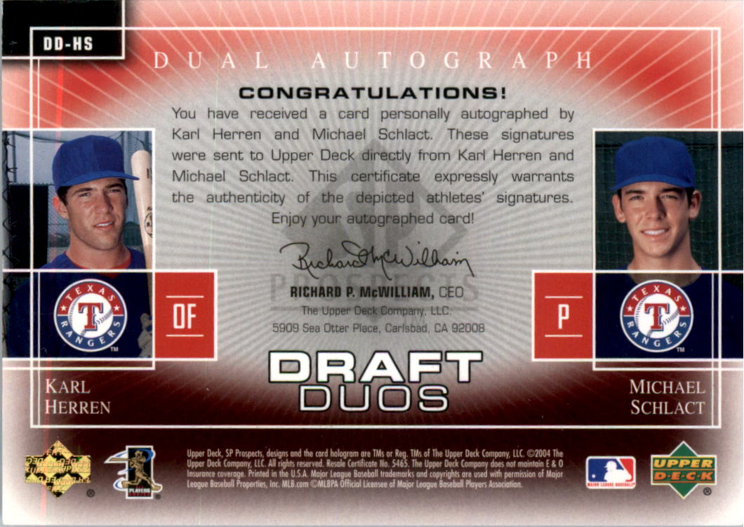 2004 SP Prospects Draft Duos Dual Autographs #HS Karl Herren/Michael Schlact back image