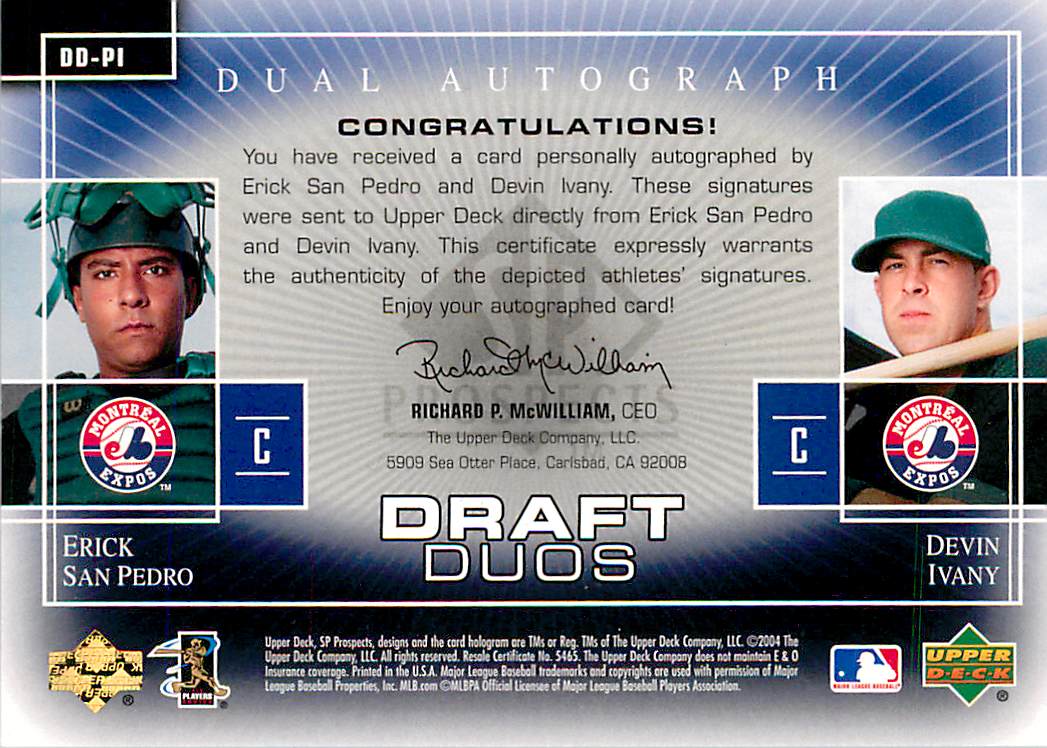 2004 SP Prospects Draft Duos Dual Autographs #PI Erick San Pedro/Devin Ivany back image