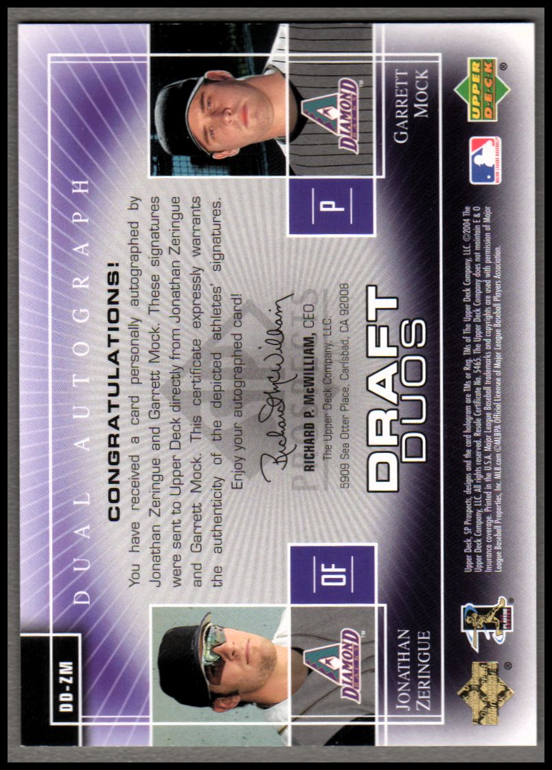 2004 SP Prospects Draft Duos Dual Autographs #ZM Jonathan Zeringue/Garrett Mock back image