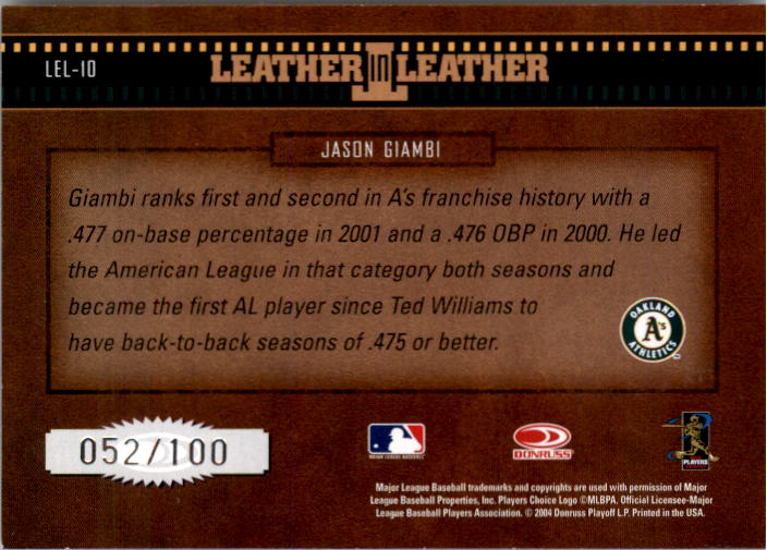 2004 Leather and Lumber Leather in Leather Silver #10 Jason Giambi BB