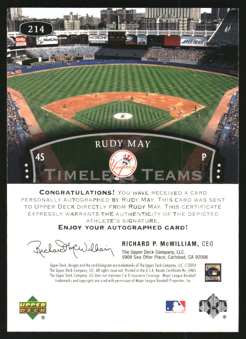 2004 UD Legends Timeless Teams Autographs #214 Rudy May 81 back image