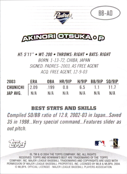 2004 Bowman's Best #AO Akinori Otsuka FY RC back image