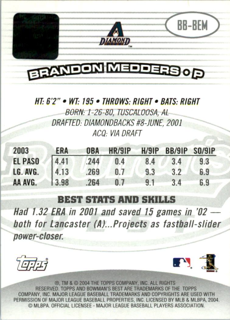 2004 Bowman's Best #BEM Brandon Medders FY AU RC back image
