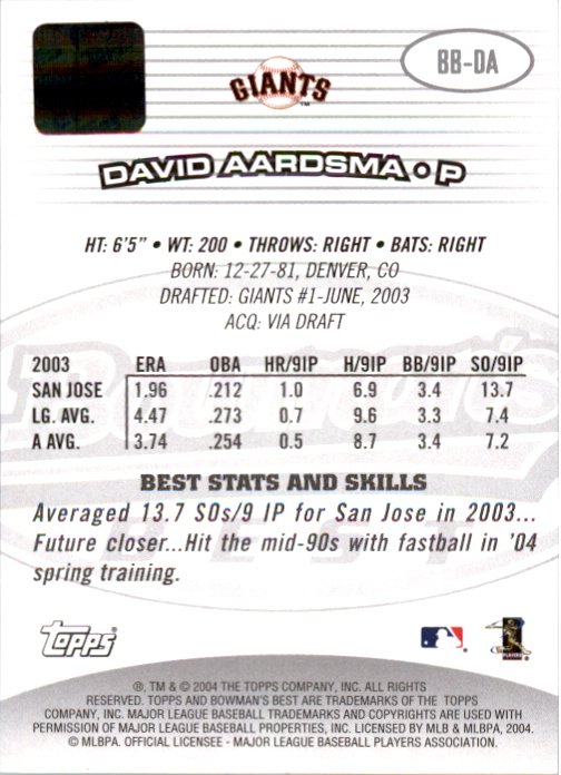 2004 Bowman's Best #DA David Aardsma FY AU RC back image