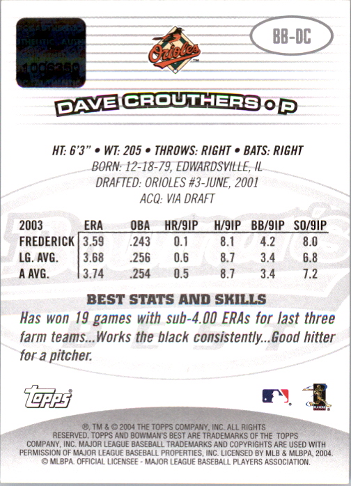 2004 Bowman's Best #DC Dave Crouthers FY AU RC back image