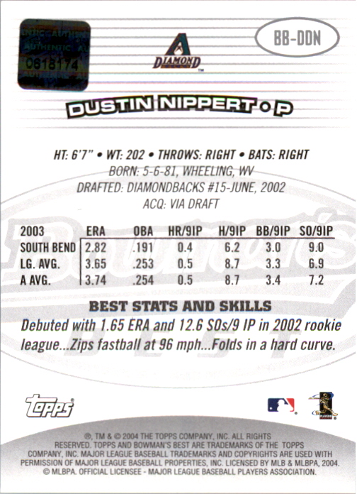 2004 Bowman's Best #DDN Dustin Nippert FY AU RC back image
