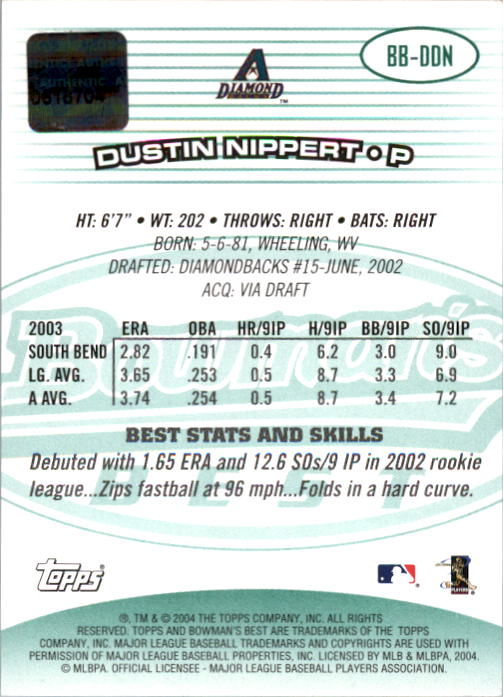 2004 Bowman's Best Green #DDN Dustin Nippert FY AU back image