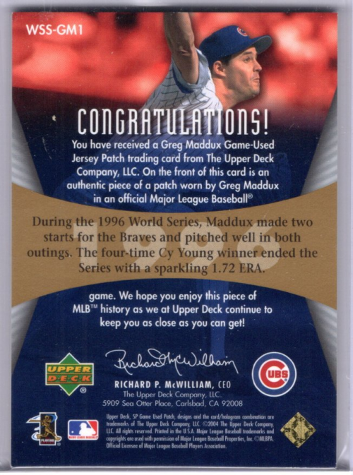 2004 SP Game Used Patch World Series #GM1 Greg Maddux Cubs/50 back image