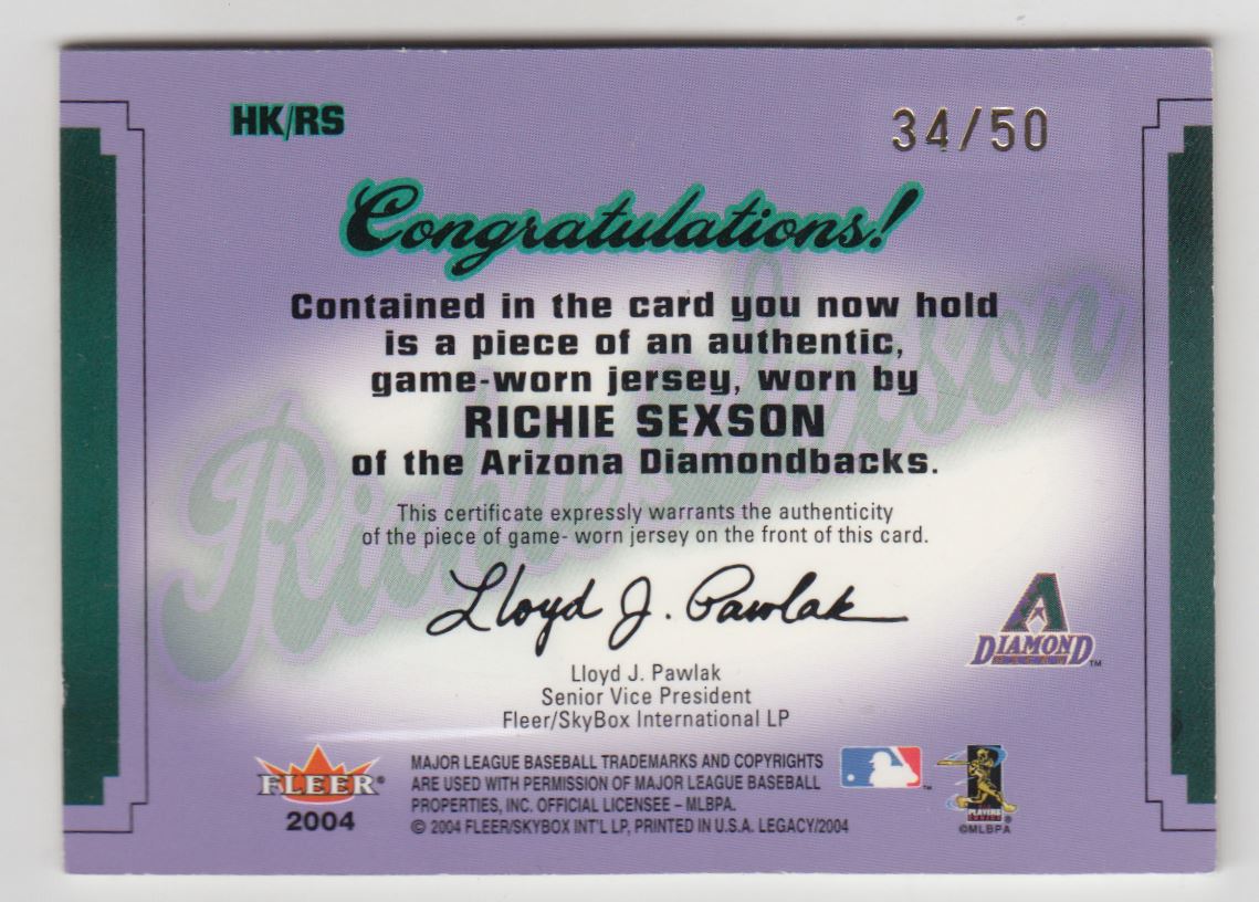 2004 Fleer Legacy Hit Kings Patch Gold #RS Richie Sexson back image