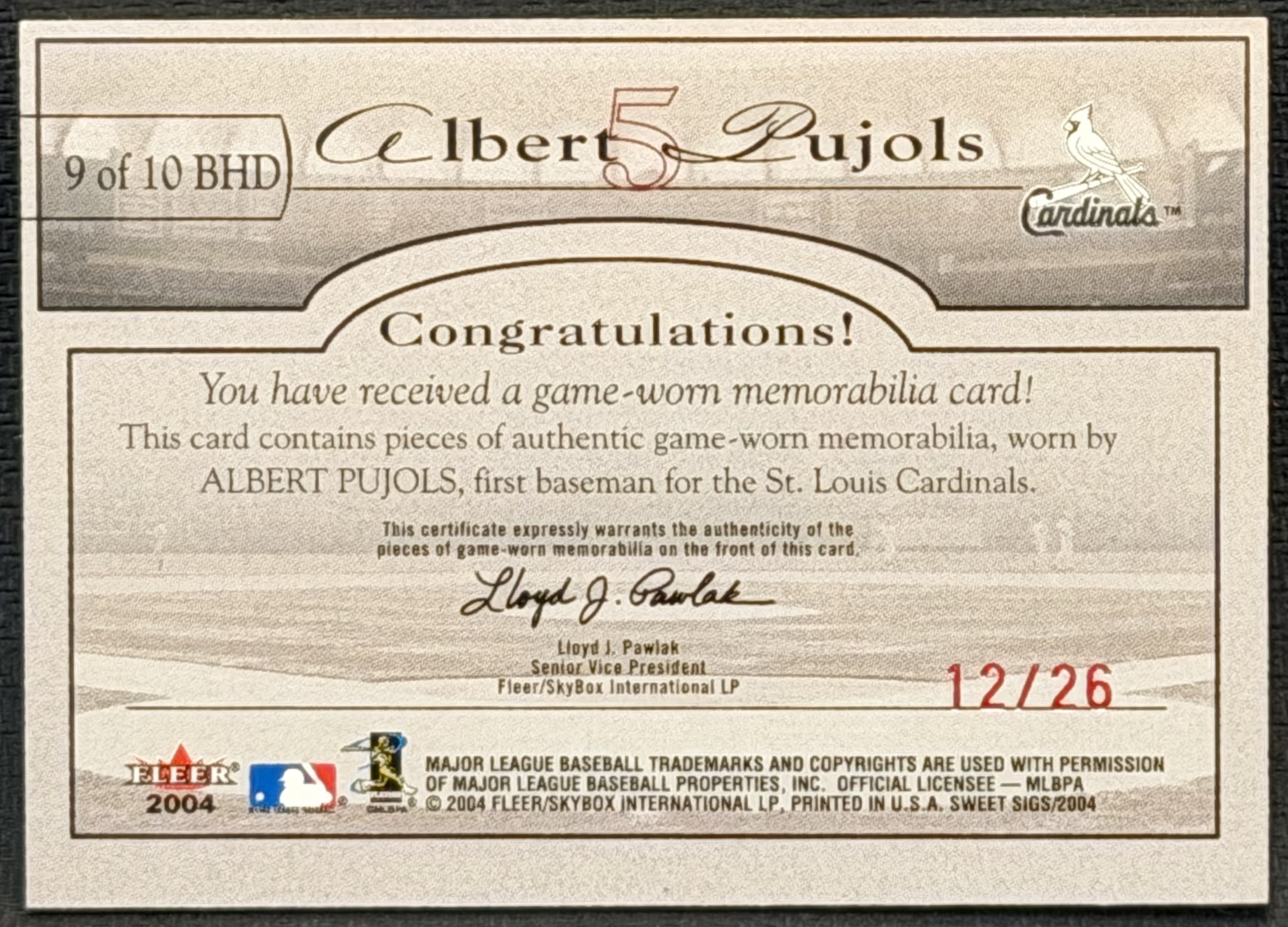 2004 Fleer Sweet Sigs Ballpark Heroes Jersey-Patch #AP Albert Pujols/26 back image