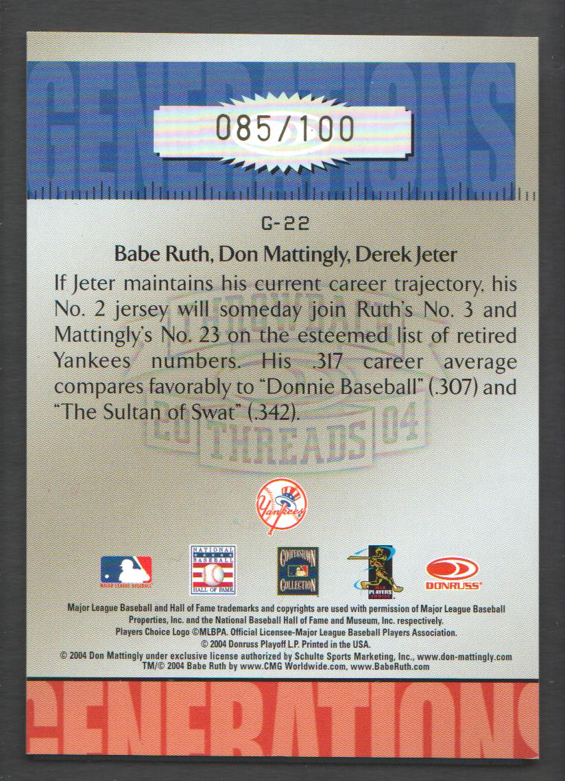 2004 Throwback Threads Generations Spectrum #22 Ruth/Mattingly/Jeter back image