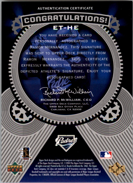 2004 Upper Deck Etchings Etched in Time Autograph Black #HE Ramon Hernandez/325