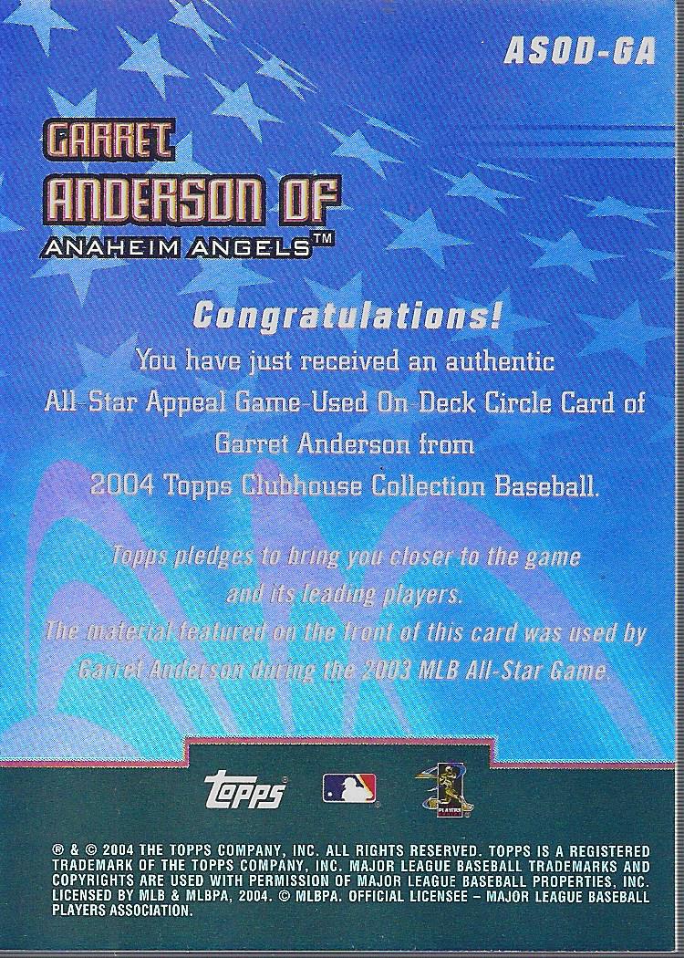2004 Topps Clubhouse All-Star Appeal Relics On-Deck Circle #GA Garret Anderson back image