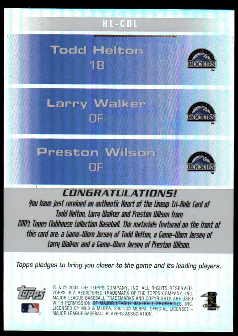 2004 Topps Clubhouse Heart of the Lineup Relics #COL Todd Helton Jsy/Larry Walker Jsy/Preston Wilson Jsy back image