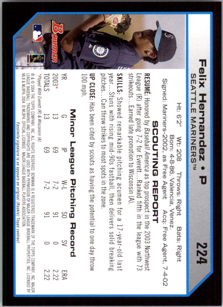 2004 Bowman #224 Felix Hernandez FY RC back image