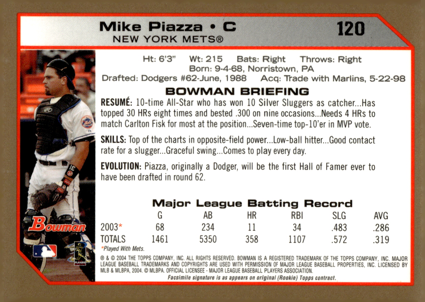 2004 Bowman Gold #120 Mike Piazza back image