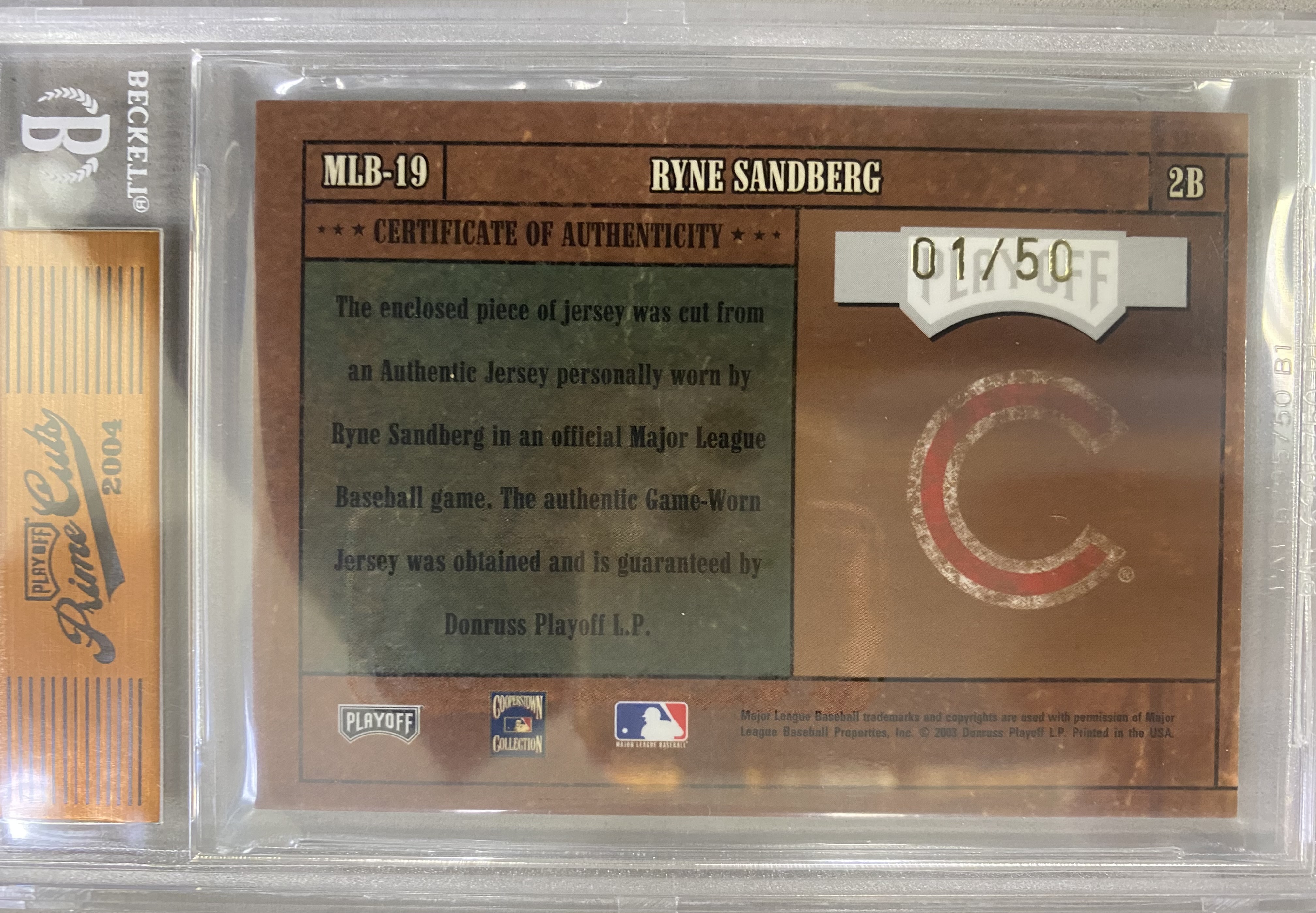 2004 Prime Cuts MLB Icons Material Signature Prime #MLB19 Ryne Sandberg Jsy/50 back image