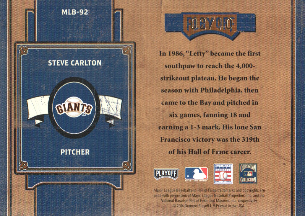 2004 Prime Cuts II MLB Icons Century Gold #MLB92 Steve Carlton Giants back image
