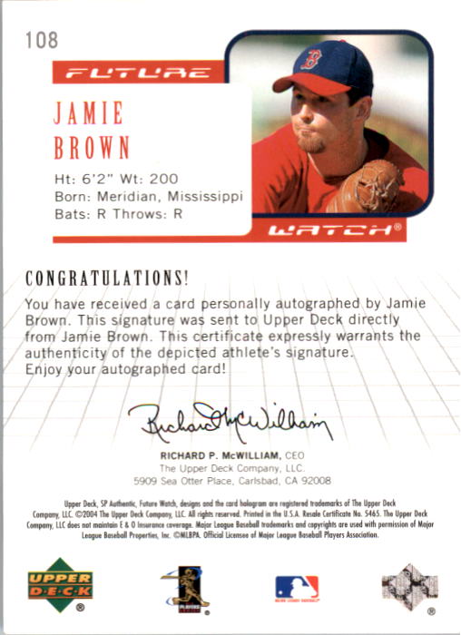 2004 SP Authentic Future Watch Autograph #108 Jamie Brown FW back image