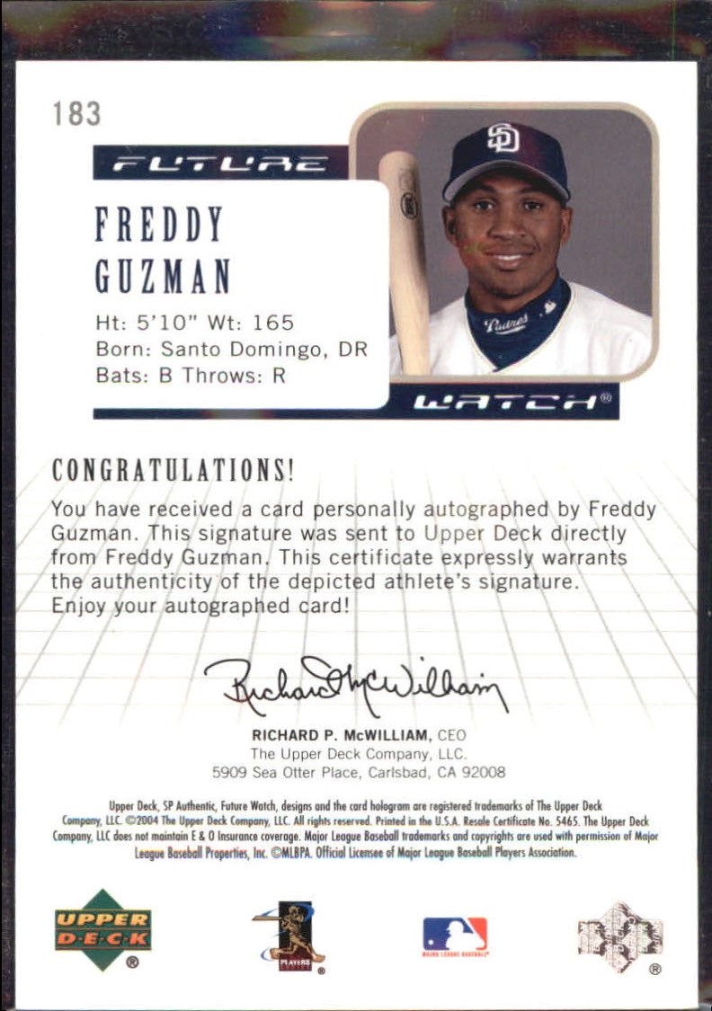 2004 SP Authentic Future Watch Autograph #183 Freddy Guzman FW back image