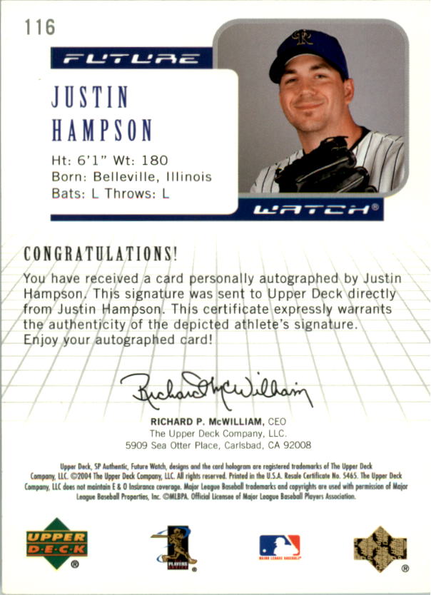 2004 SP Authentic Future Watch Autograph 195 #116 Justin Hampson FW back image