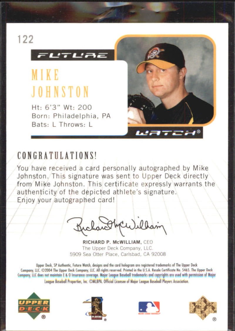 2004 SP Authentic Future Watch Autograph 195 #122 Mike Johnston FW back image